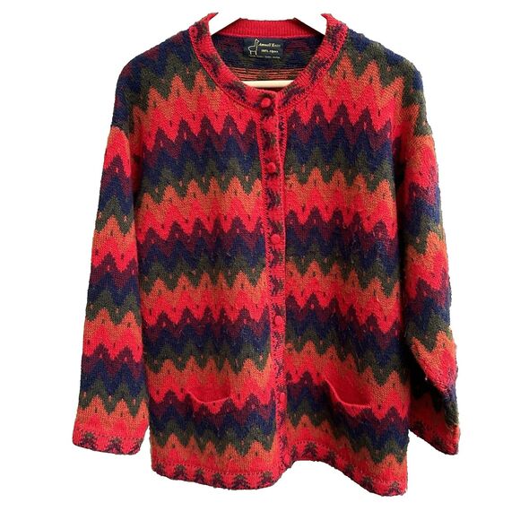 Amwell Knits Alpaca Cardigan Sweater Women's Colorful Zig Zag Stripe Size XL L?? - Picture 1 of 6